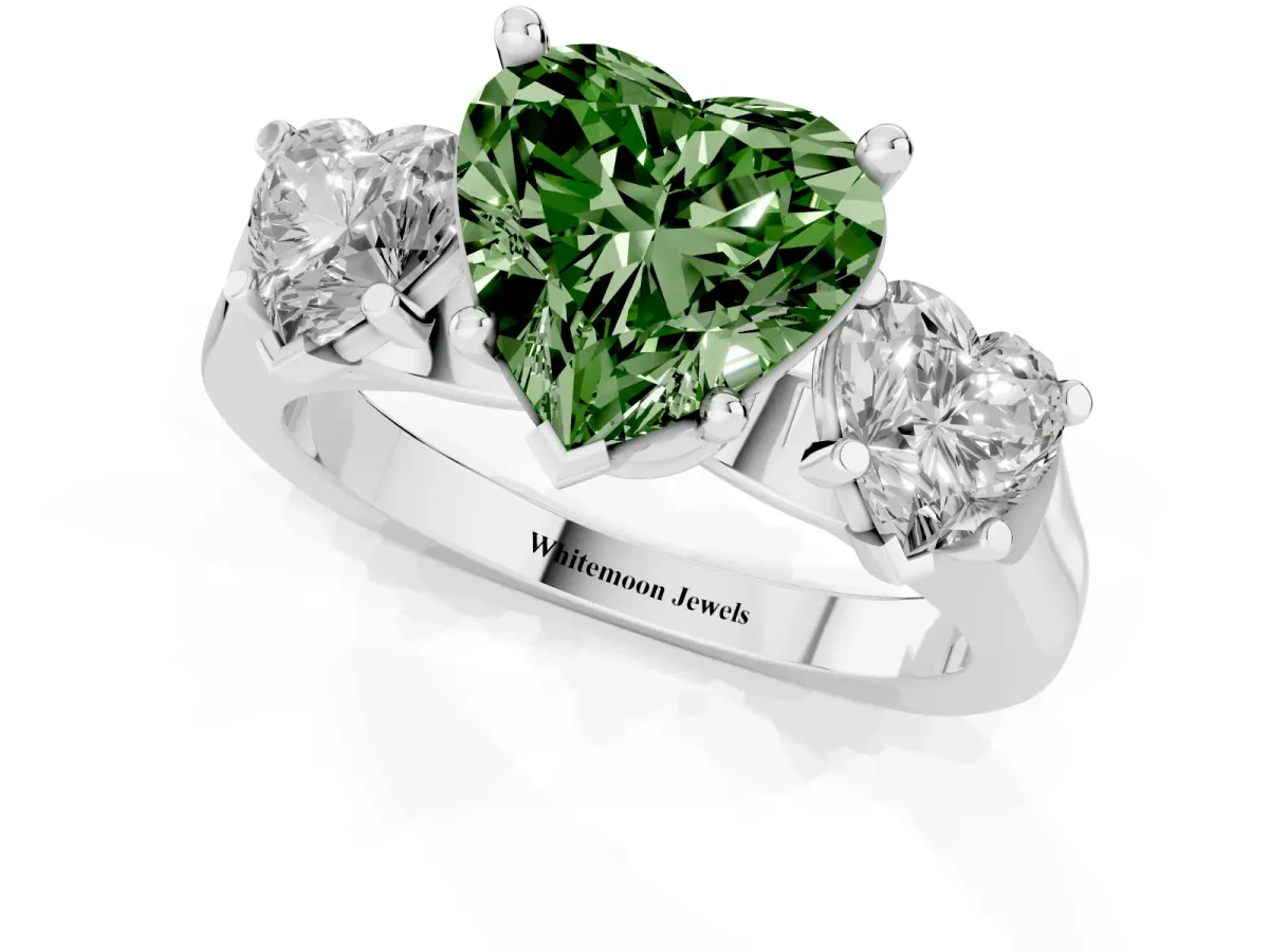 Fancy Green Three-Stone Heart Cut Brilliant Diamond Trellis Ring with Comfort Fit Band Platinum