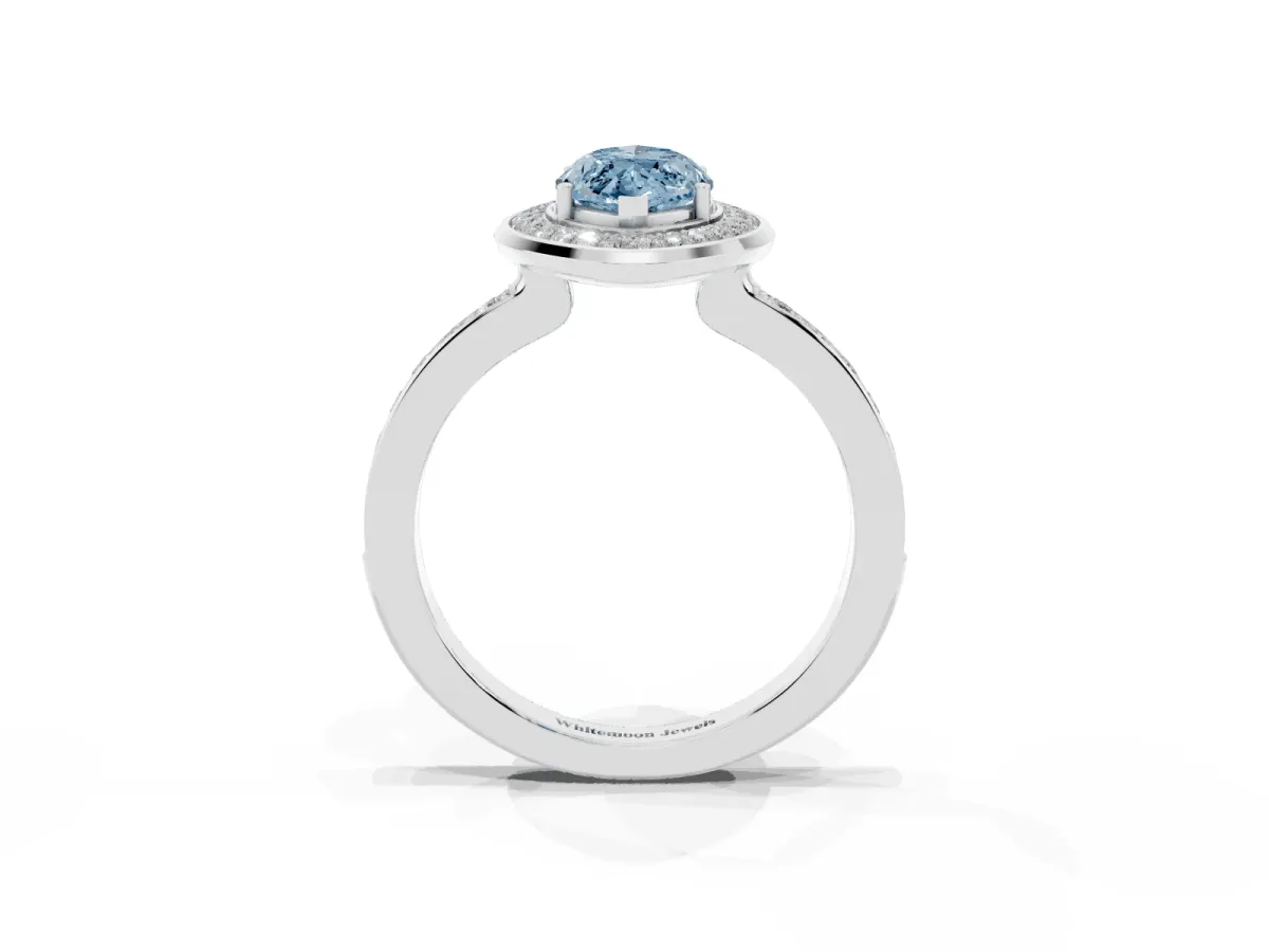 Fancy Blue Marquise Cut Diamond Halo Ring with Bezel Frame and Pavé Band Silver