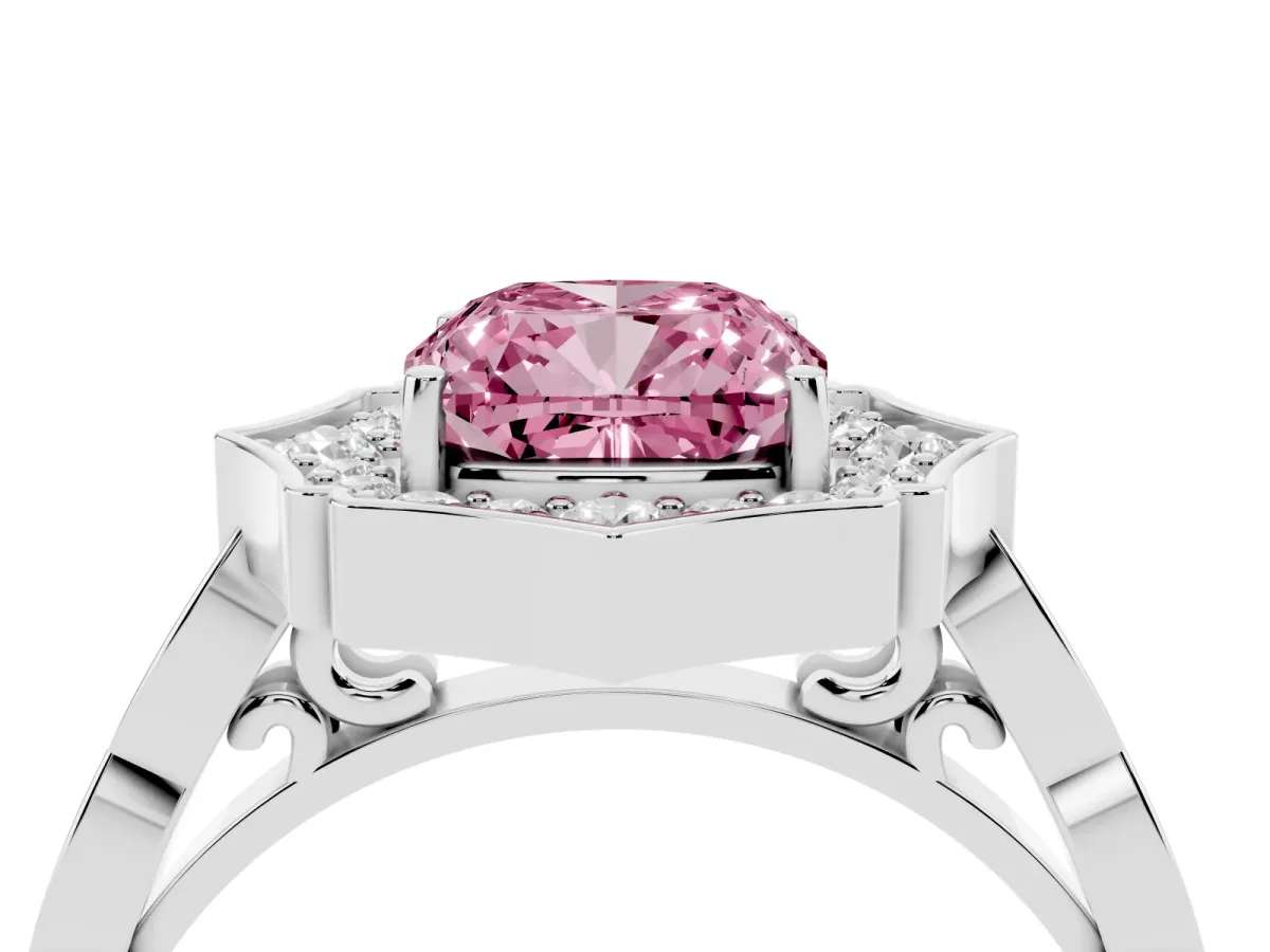 Fancy Pink Cushion Cut Halo Diamond Engagement Ring with Milgrain Band and Four-Prong Setting Silver
