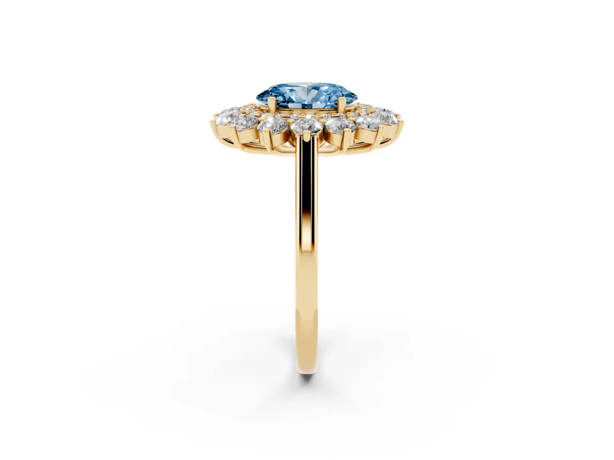 Fancy Blue Oval Cut Diamond Floral Double Halo Engagement Ring with Prong Setting Yellow gold