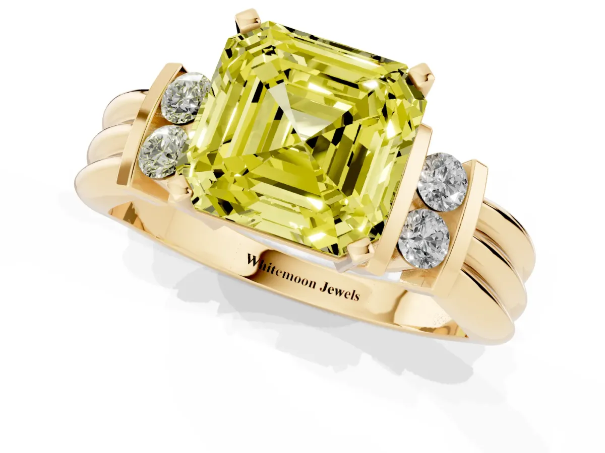 Fancy Yellow Asscher Cut Cut Three-Stone Channel Set Ring with Bar Prongs Yellow gold