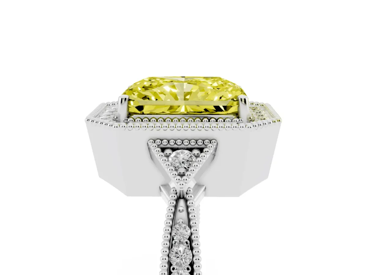 Fancy Yellow Radiant Cut Halo Round Diamond Milgrain Pave Engagement Ring Platinum
