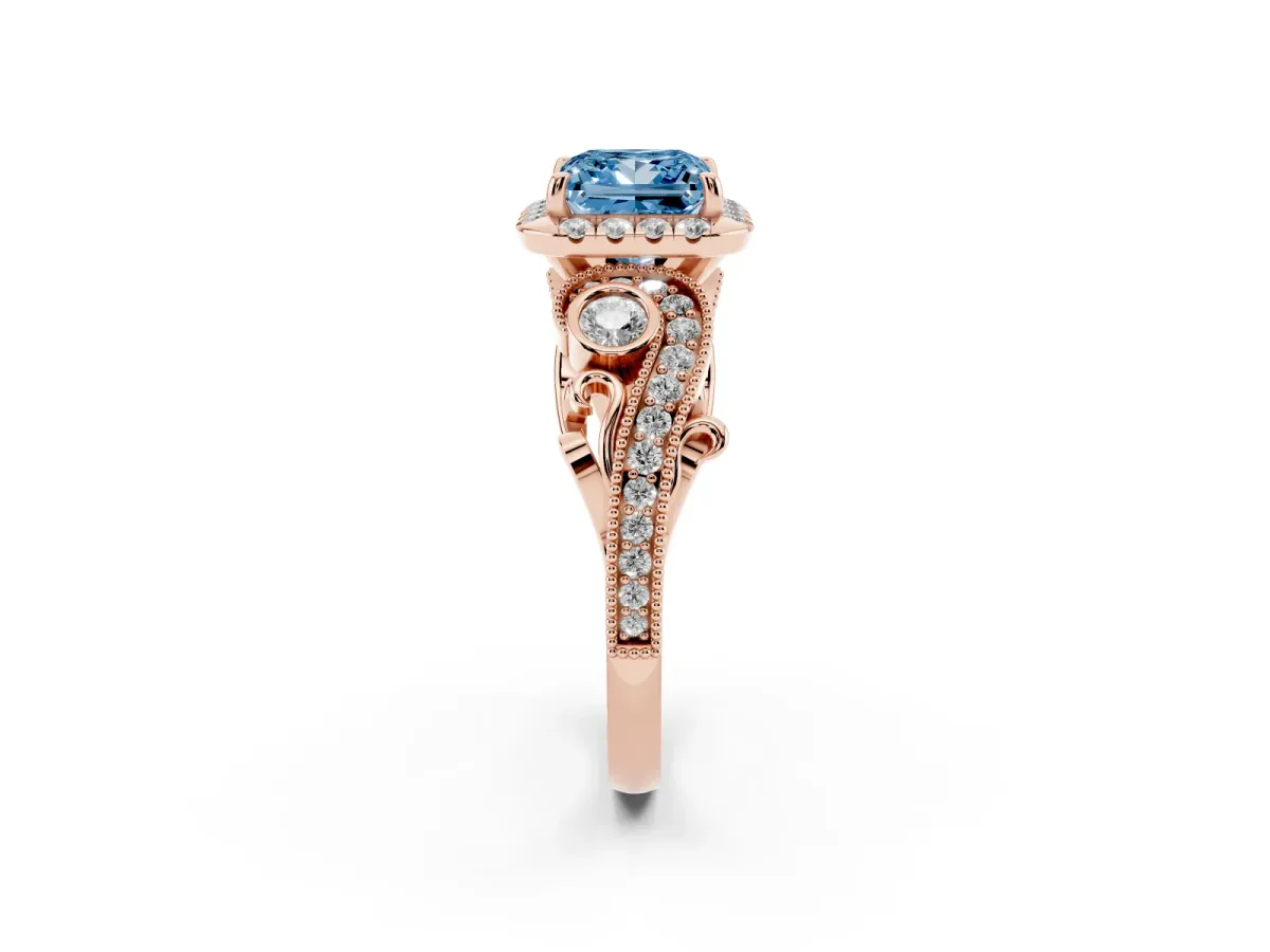 Fancy Blue Princess Cut Diamond Halo Ring with Milgrain Pavé Band and Four-Prong Setting Rose gold