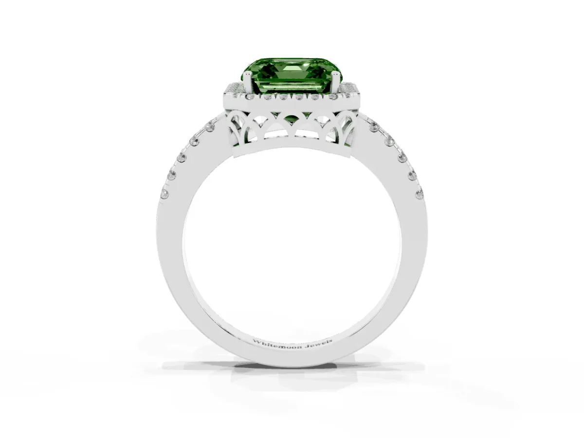 Fancy Green Asscher Cut Halo Diamond Engagement Ring with Pavé Band and Four-Prong Setting Platinum