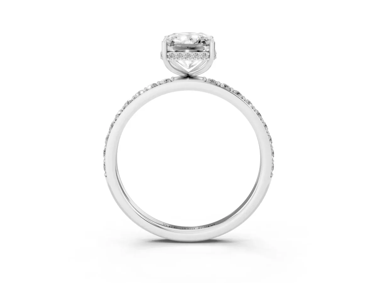 Radiant Cut Diamond Solitaire Ring with Pavé Band and Hidden Halo Silver
