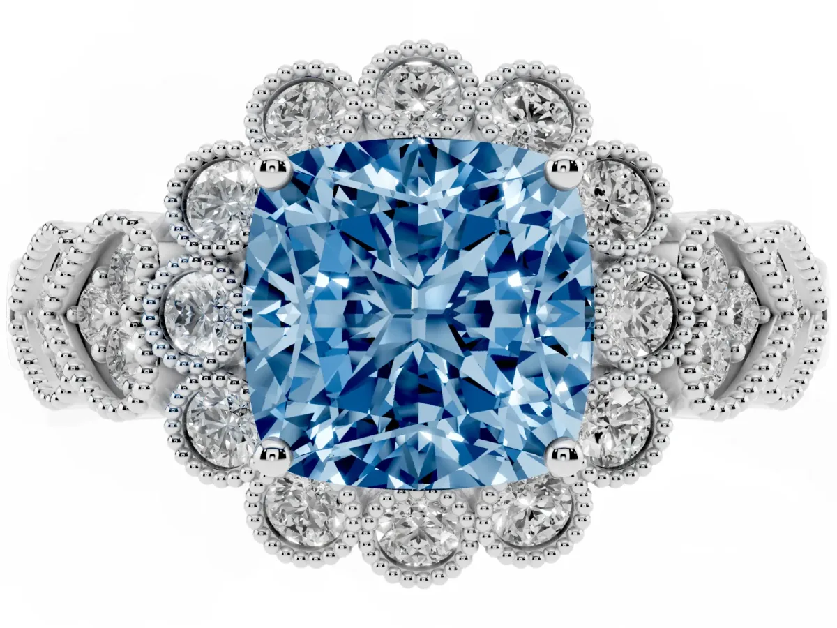 Fancy Blue Cushion Cut Brilliant Milgrain Pave Heart Band Solitaire Ring Platinum