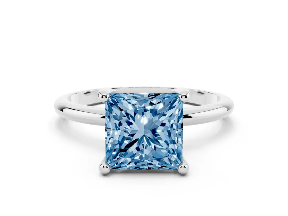 Fancy Blue Princess Cut Solitaire Diamond Ring with 4-Prong Setting on a Classic Band Silver
