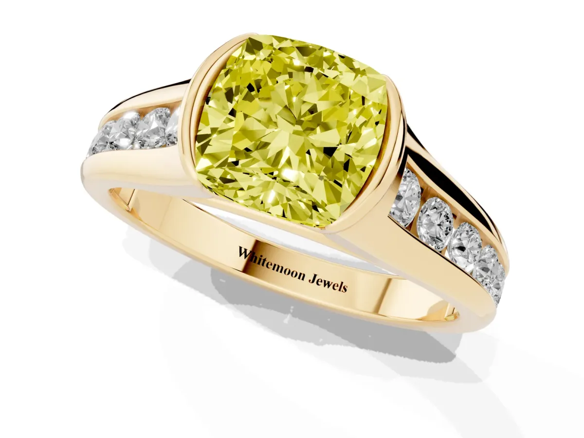 Fancy Yellow Cushion Cut Solitaire Bezel-Set Diamond Ring with Channel-Set Band Yellow gold