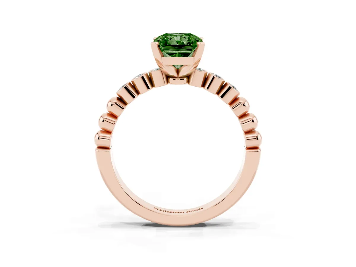 Fancy Green Radiant Cut Solitaire Bezel Accent Diamond Engagement Ring with Beaded Band and Four-Prong Setting Rose gold