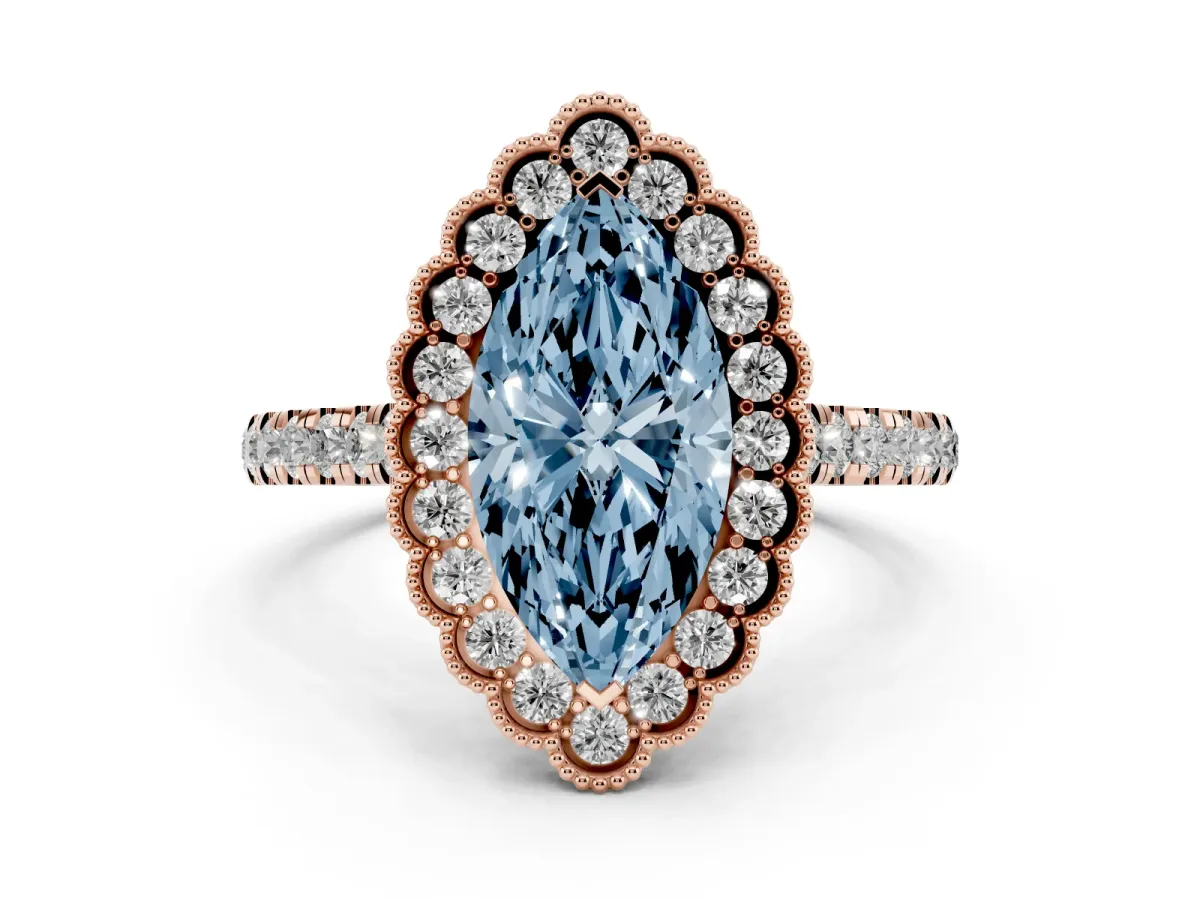 Fancy Blue Marquise Cut Cut Diamond Milgrain Floral Halo Engagement Ring with Pavé Band Rose gold