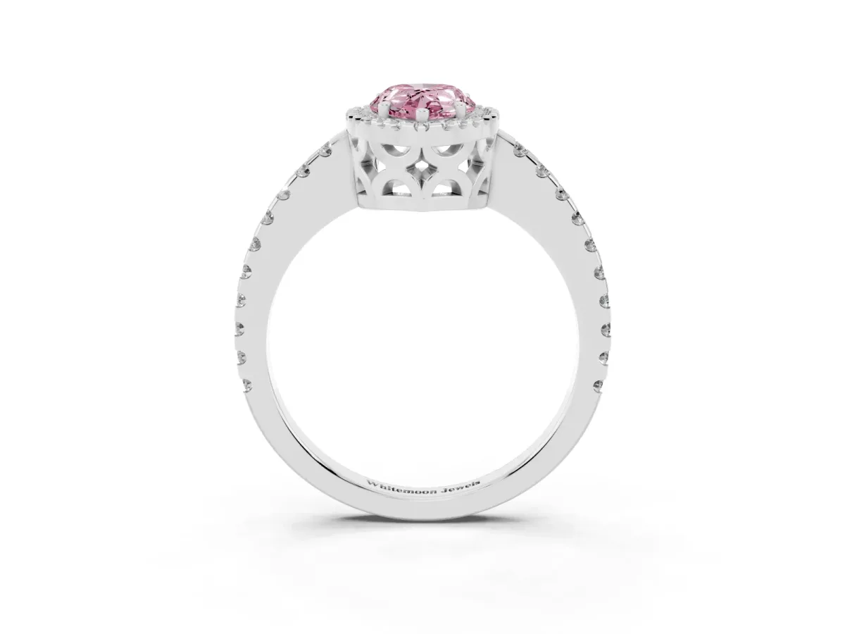 Fancy Pink Pear Cut Diamond Halo Engagement Ring with Pavé Band and Prong Setting Silver