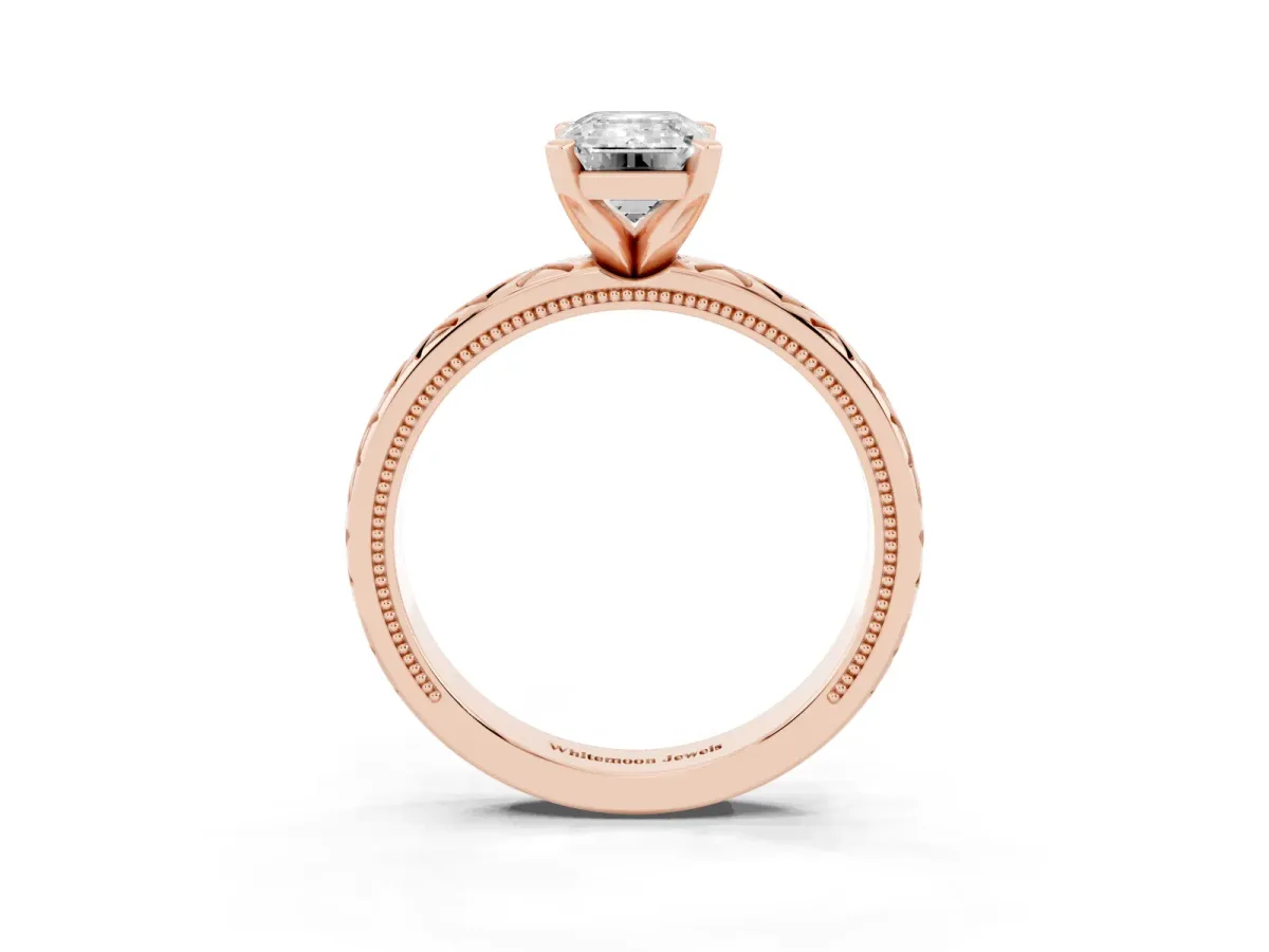 Emerald Cut Solitaire Diamond Ring with Milgrain and Black Enamel X Pattern Band Rose gold
