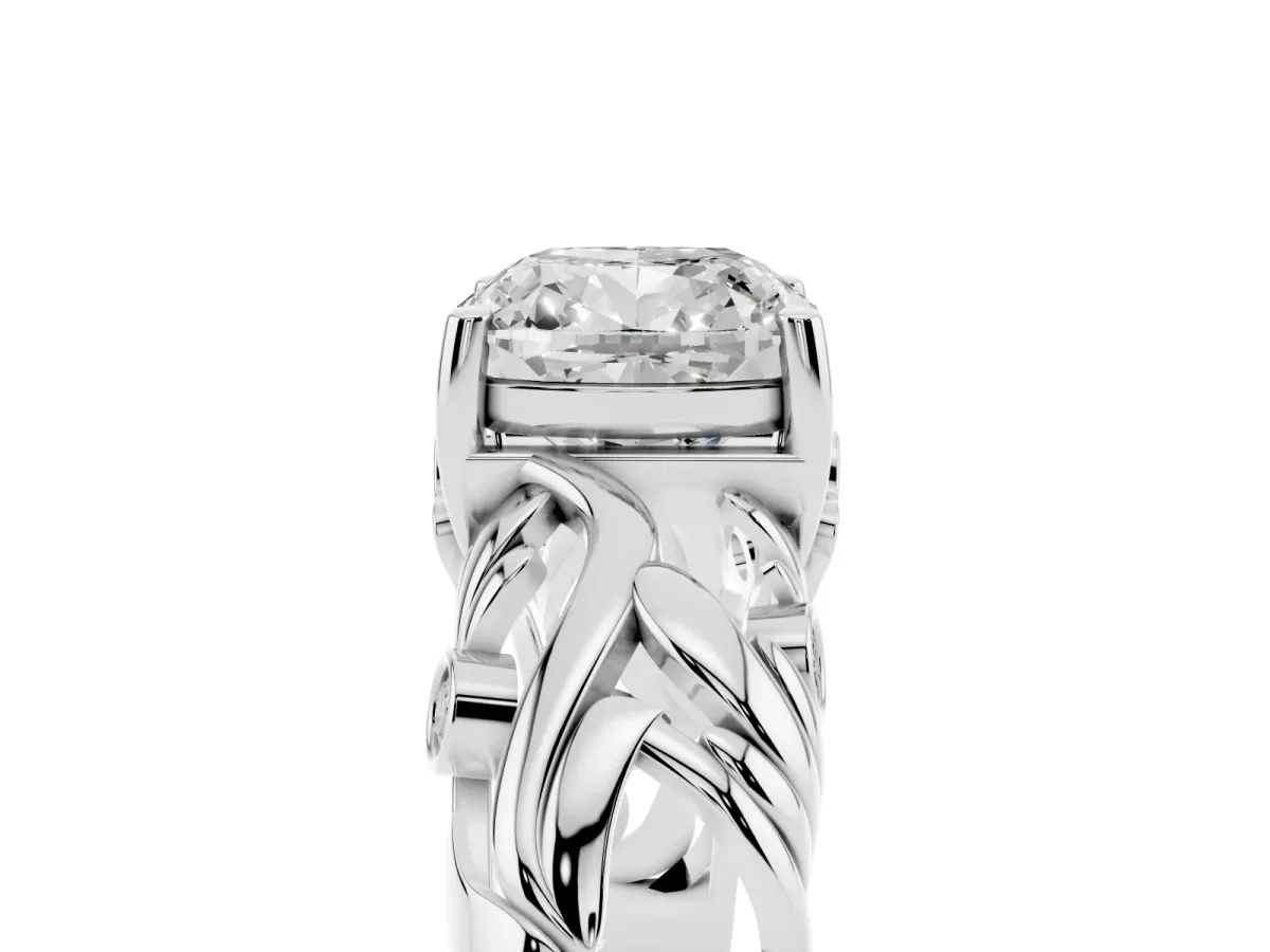 Cushion Cut Solitaire Diamond Leaf-Inspired Vine Band Ring with Prong Setting Platinum