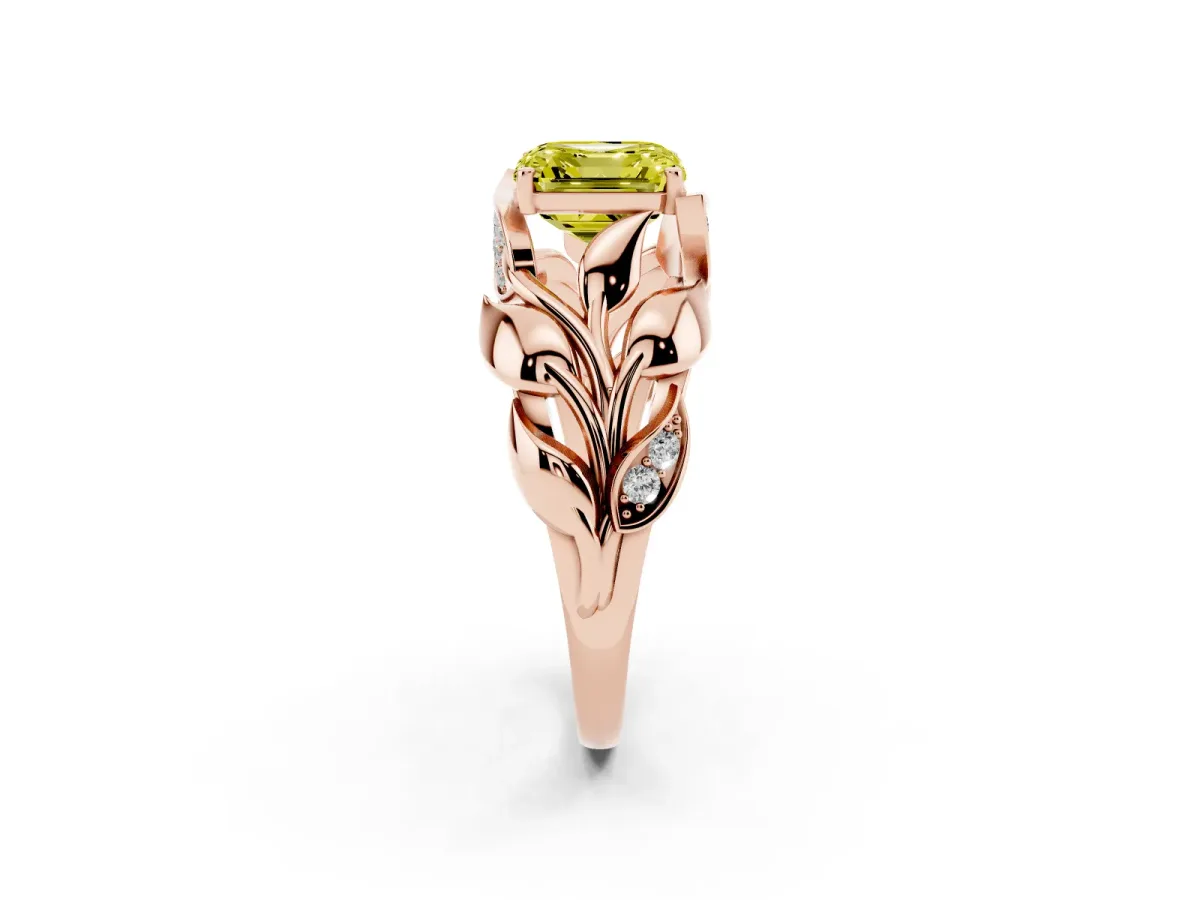 Fancy Yellow Asscher Cut Diamond Leaf-Inspired Engagement Ring with Round Accents and Prong Setting Rose gold