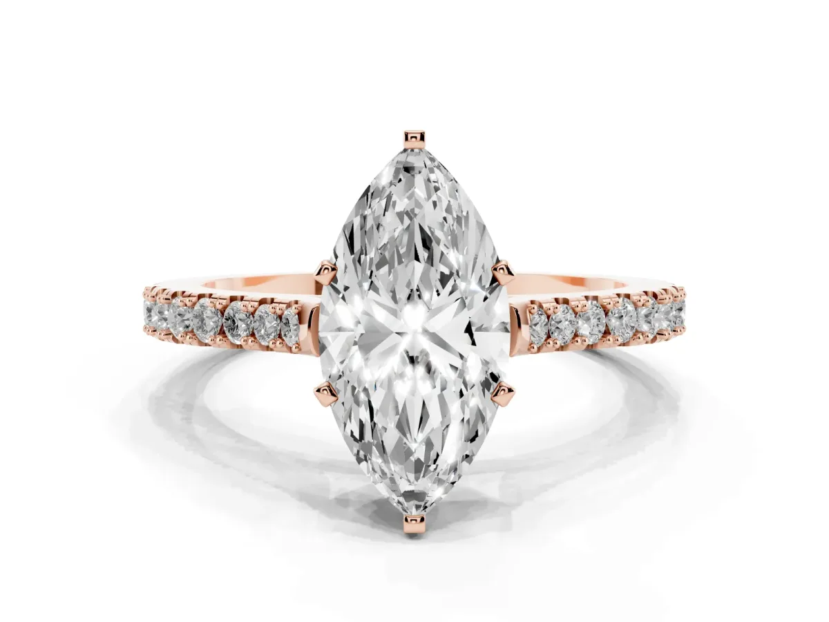 Marquise Cut Cut Solitaire Diamond Engagement Ring with Pave Band and Four-Prong Setting Rose gold