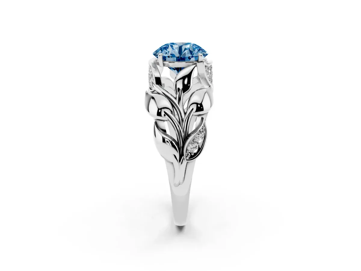 Fancy Blue Round Cut Diamond Leaf-Inspired Engagement Ring with Round Accents and Prong Setting Silver