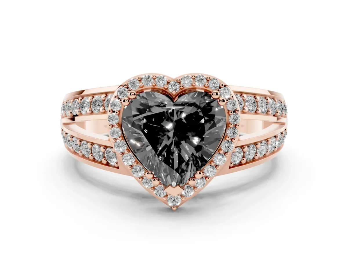 Fancy Black Heart Cut Diamond Halo Ring with Split Shank Pavé Band and Four-Prong Setting Rose gold