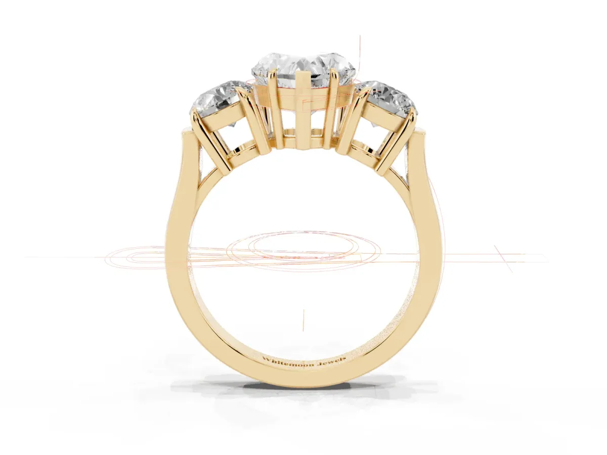 Three-Stone Heart Cut Cut Diamond Ring with Round Accent Stones, Prong Setting, and Classic Band Yellow gold