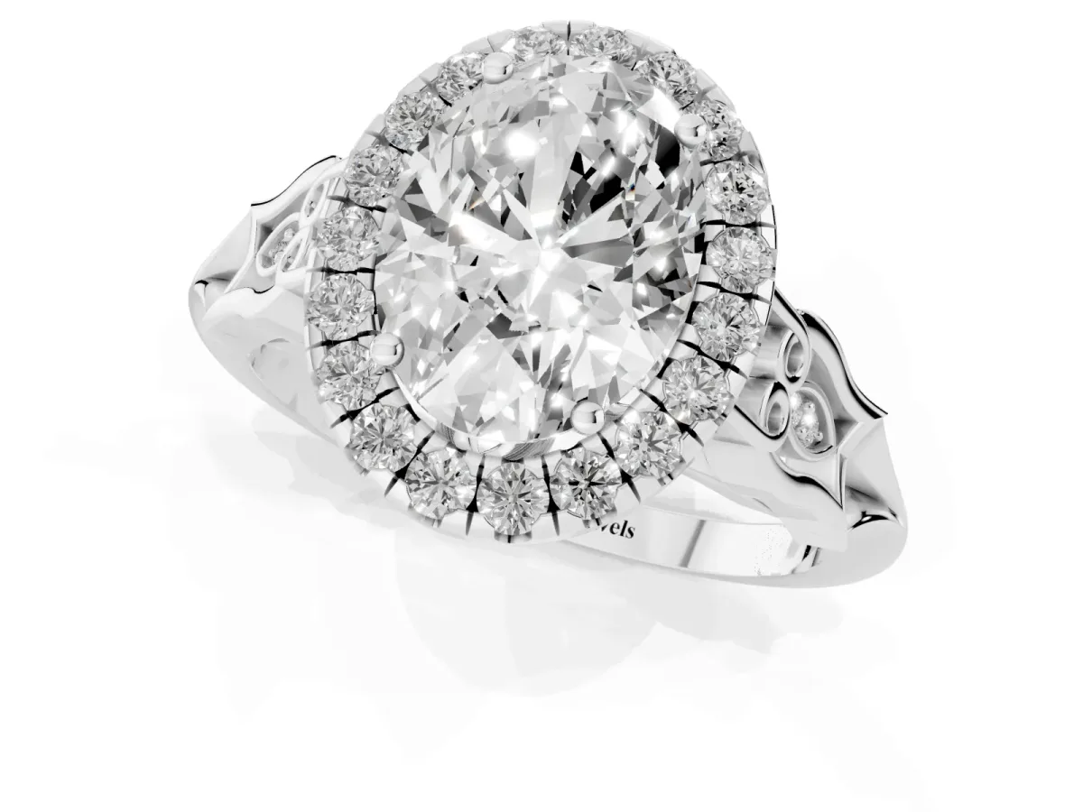 Oval Cut Halo Diamond Engagement Ring with Filigree Band and Four-Prong Setting White gold
