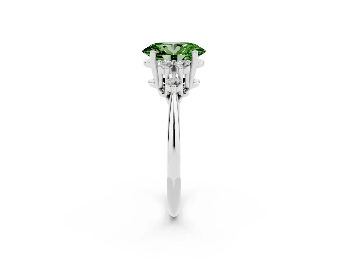 Fancy Green Oval Cut Cut Diamond Cluster Ring with Solitaire Band and Four-Prong Setting Silver