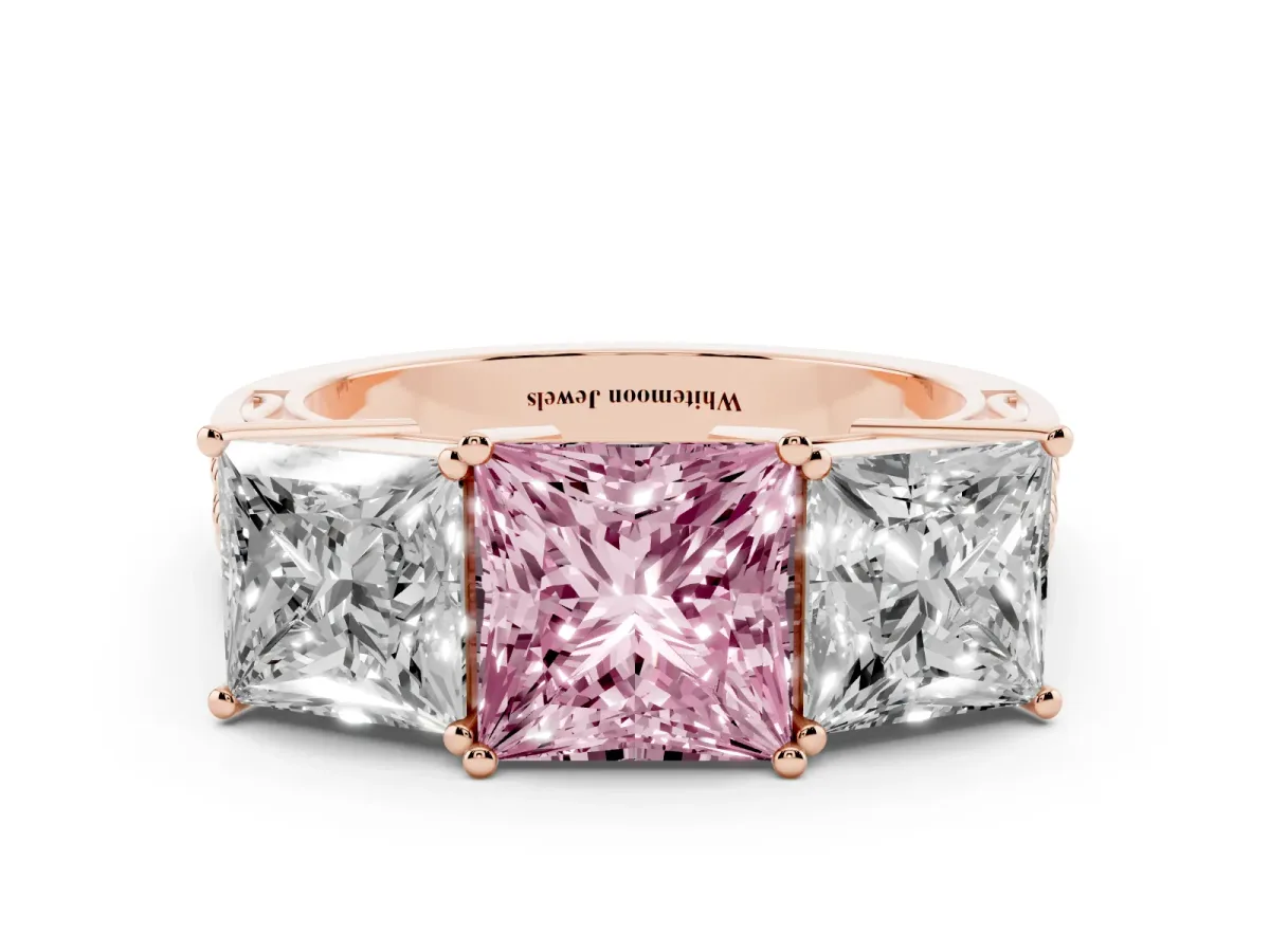 Fancy Pink Princess Cut Diamond Three-Stone Ring with Prong Setting and Textured Band Rose gold