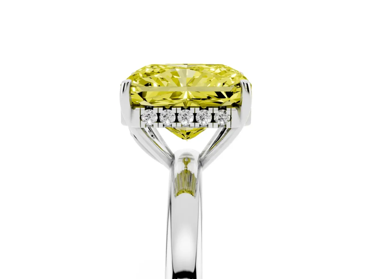 Fancy Yellow Radiant Cut Solitaire Diamond Ring with Prong Setting and Plain Band Platinum