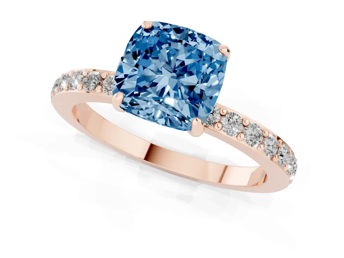 Fancy Blue Cushion Cut Diamond Solitaire Engagement Ring with Pavé Band and Four-Prong Setting Rose gold