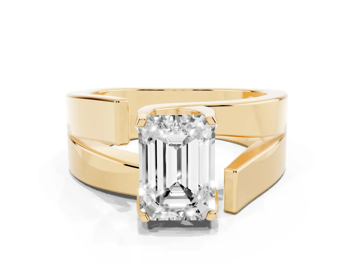Modern Tension Set Emerald Cut Diamond Solitaire Wide Band Ring Yellow gold
