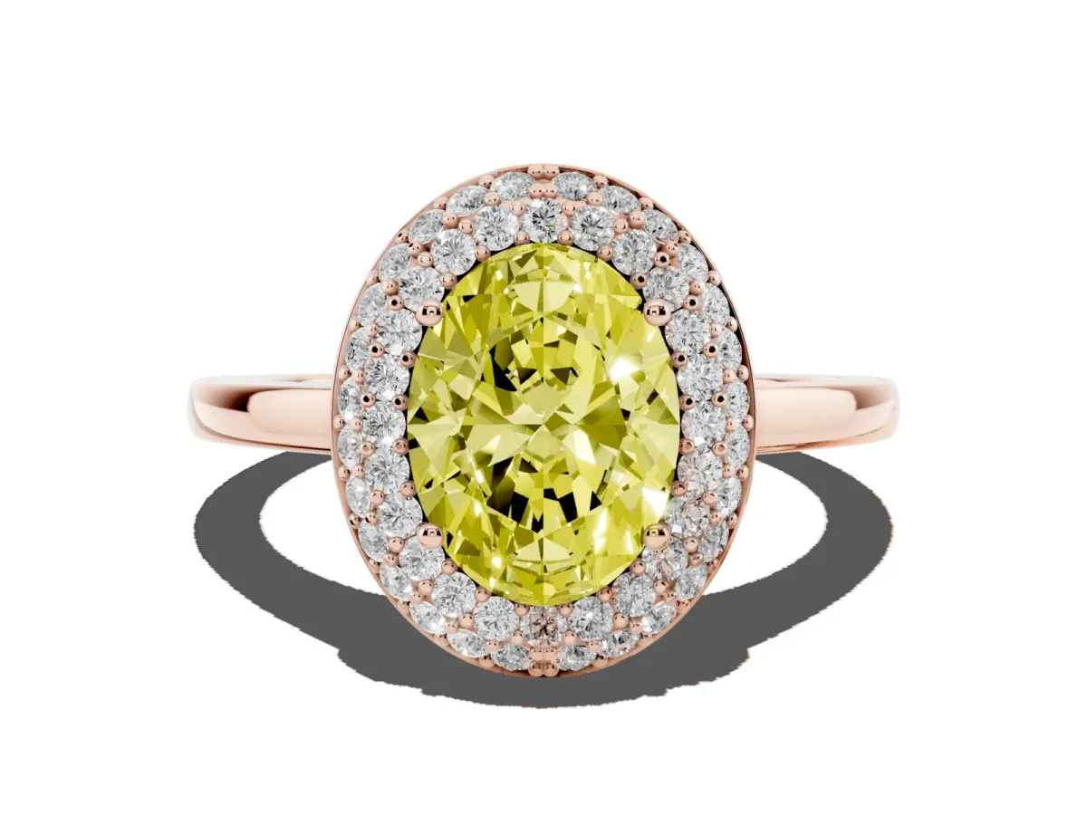 Fancy Yellow Oval Cut Halo Diamond Engagement Ring with Solitaire Band and Four-Prong Setting Rose gold