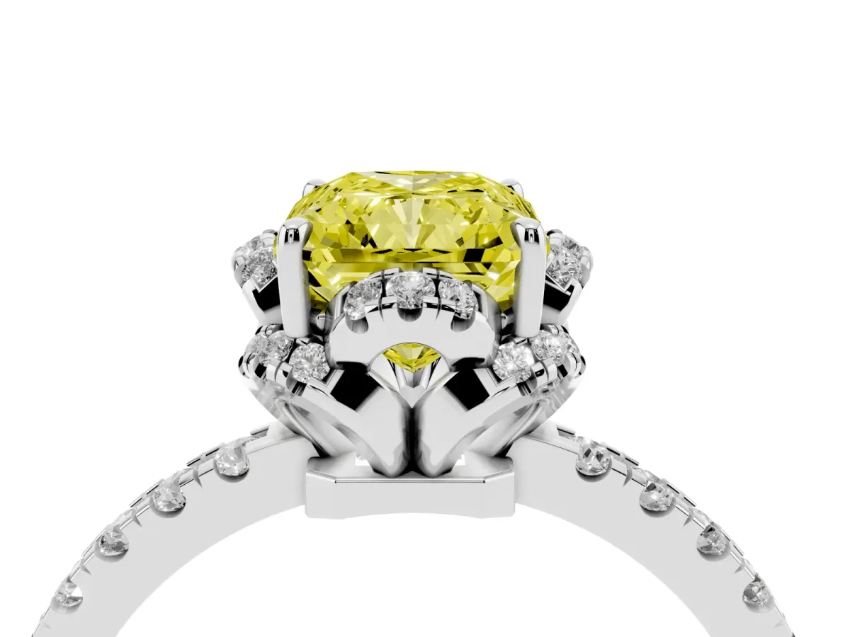 Fancy Yellow Radiant Cut Halo Diamond Pave Band Ring with Four-Prong Setting Silver
