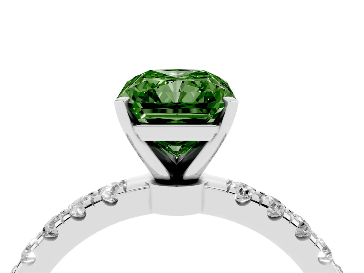 Fancy Green Radiant Cut Diamond Solitaire Ring with Pavé Accents and Four-Prong Setting Silver