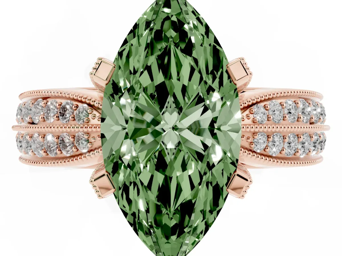 Fancy Green Marquise Cut Diamond Solitaire Ring with Milgrain Round Pavé Band and Prong Setting Rose gold