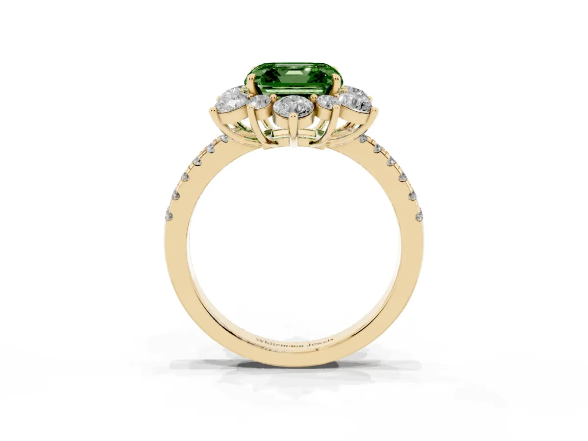 Fancy Green Asscher Cut Diamond Floral Halo Ring with Round Pavé Band and Prong Setting Yellow gold