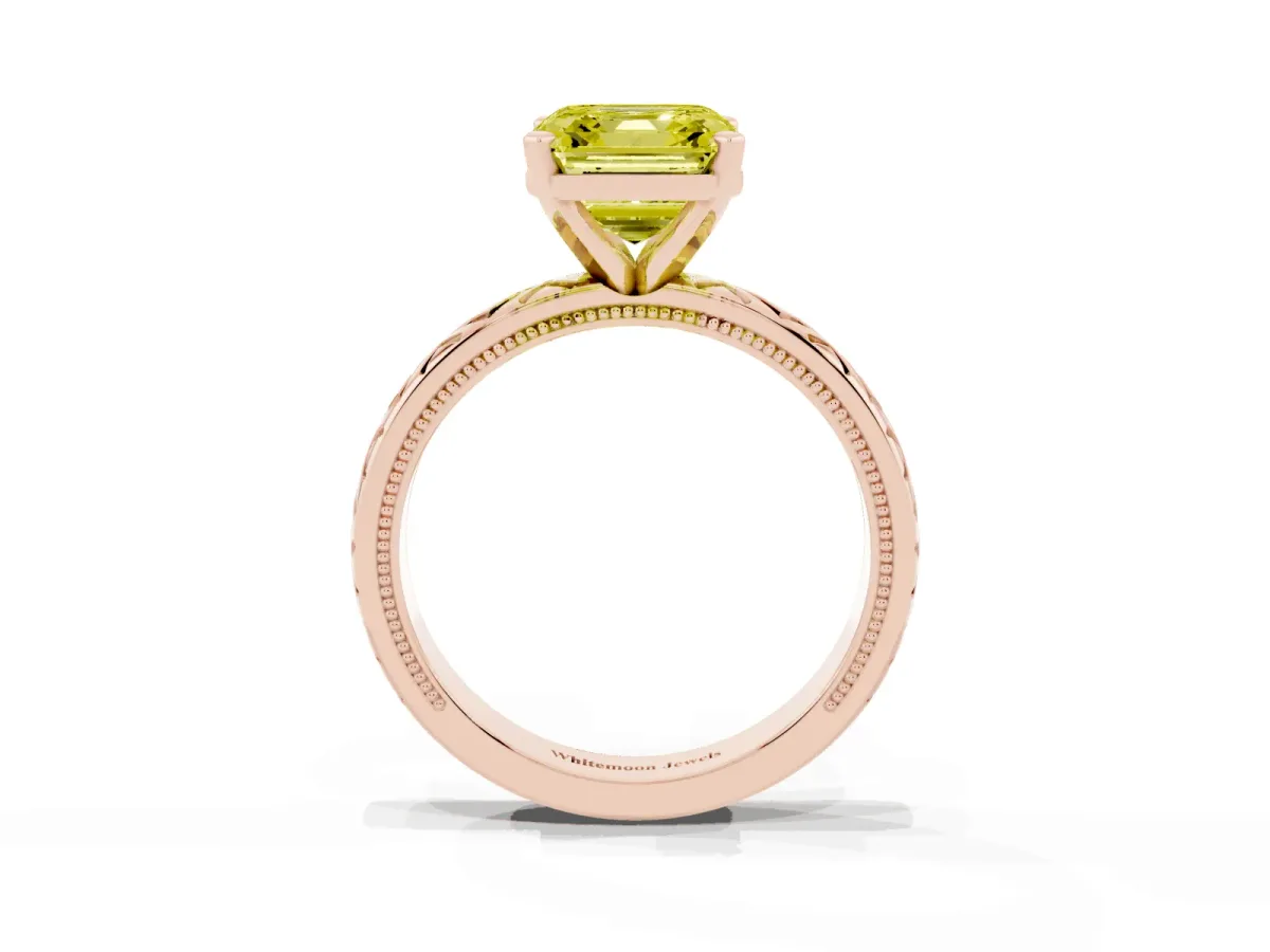 Fancy Yellow Asscher Cut Solitaire Diamond Ring with Milgrain and Black Enamel X Pattern Band Rose gold