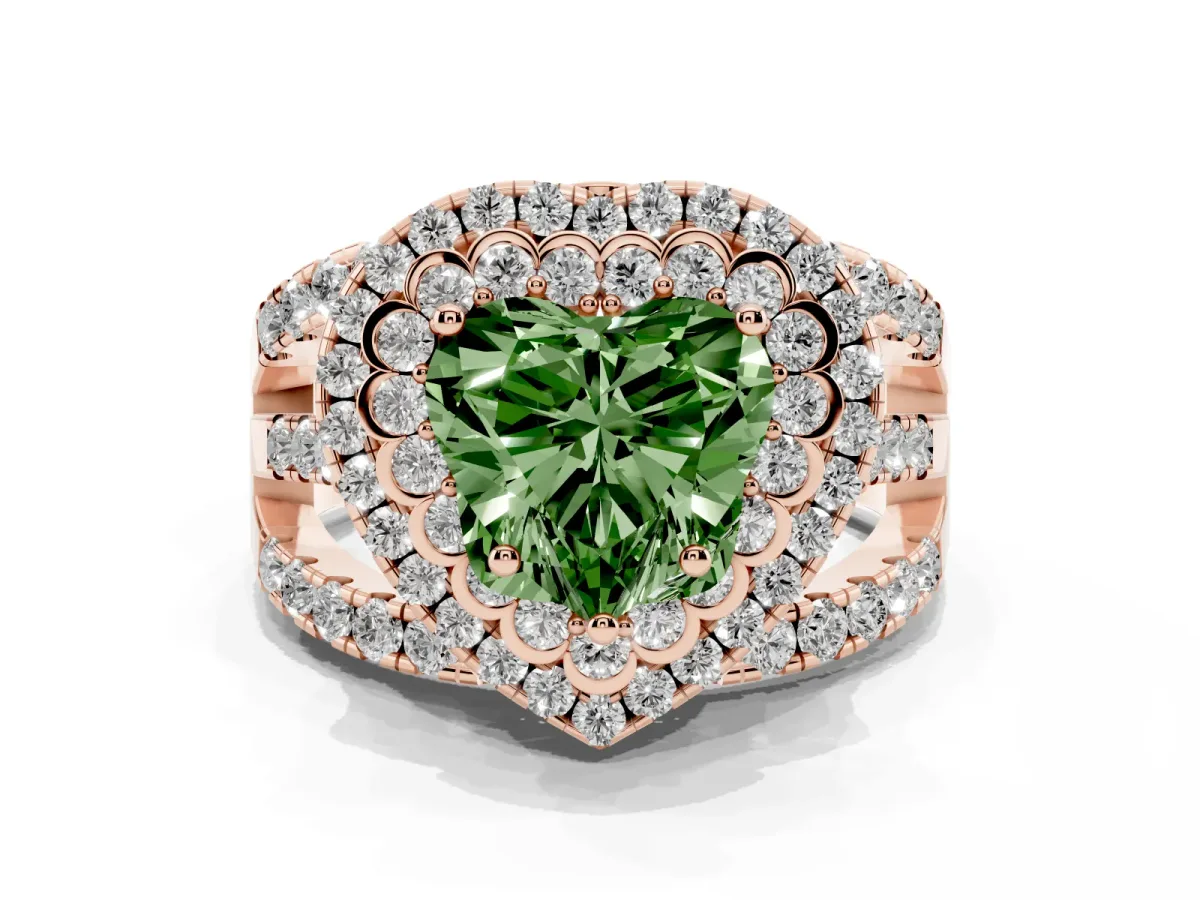 Fancy Green Heart Cut Diamond Double Halo Ring with Round Pavé Split Shank and Prong Setting Rose gold