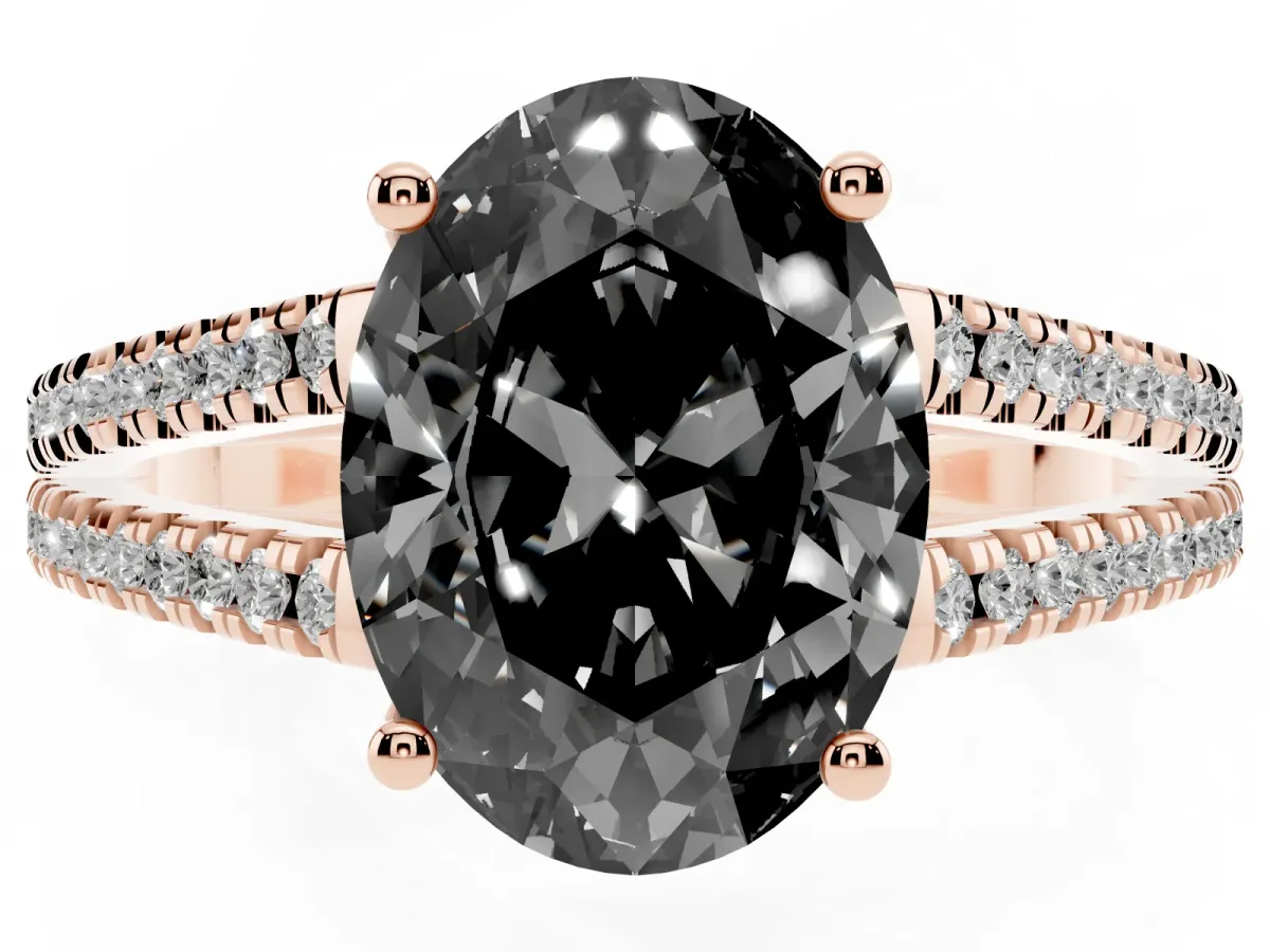 Fancy Black Oval Cut Diamond Solitaire Engagement Ring with Split Shank Pavé Band Rose gold