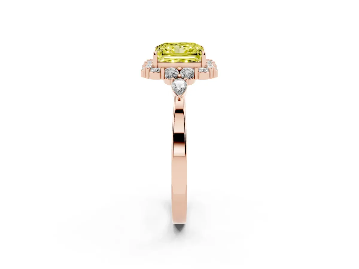Fancy Yellow Princess Cut Diamond Halo Ring with Pear Side Stones and Prong Setting Rose gold