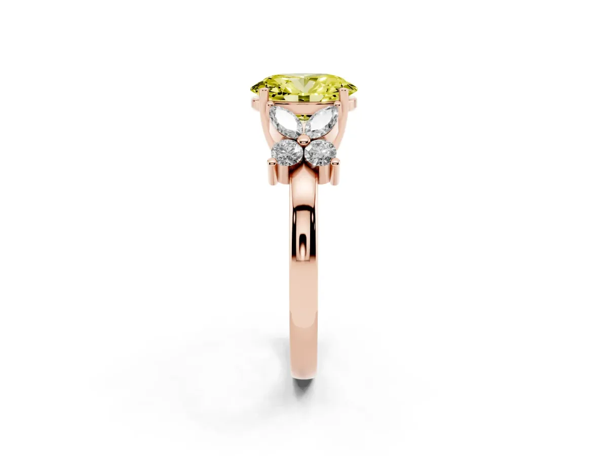 Fancy Yellow Oval Cut Diamond Floral Cluster Ring with Solitaire Band and Prong Setting Rose gold