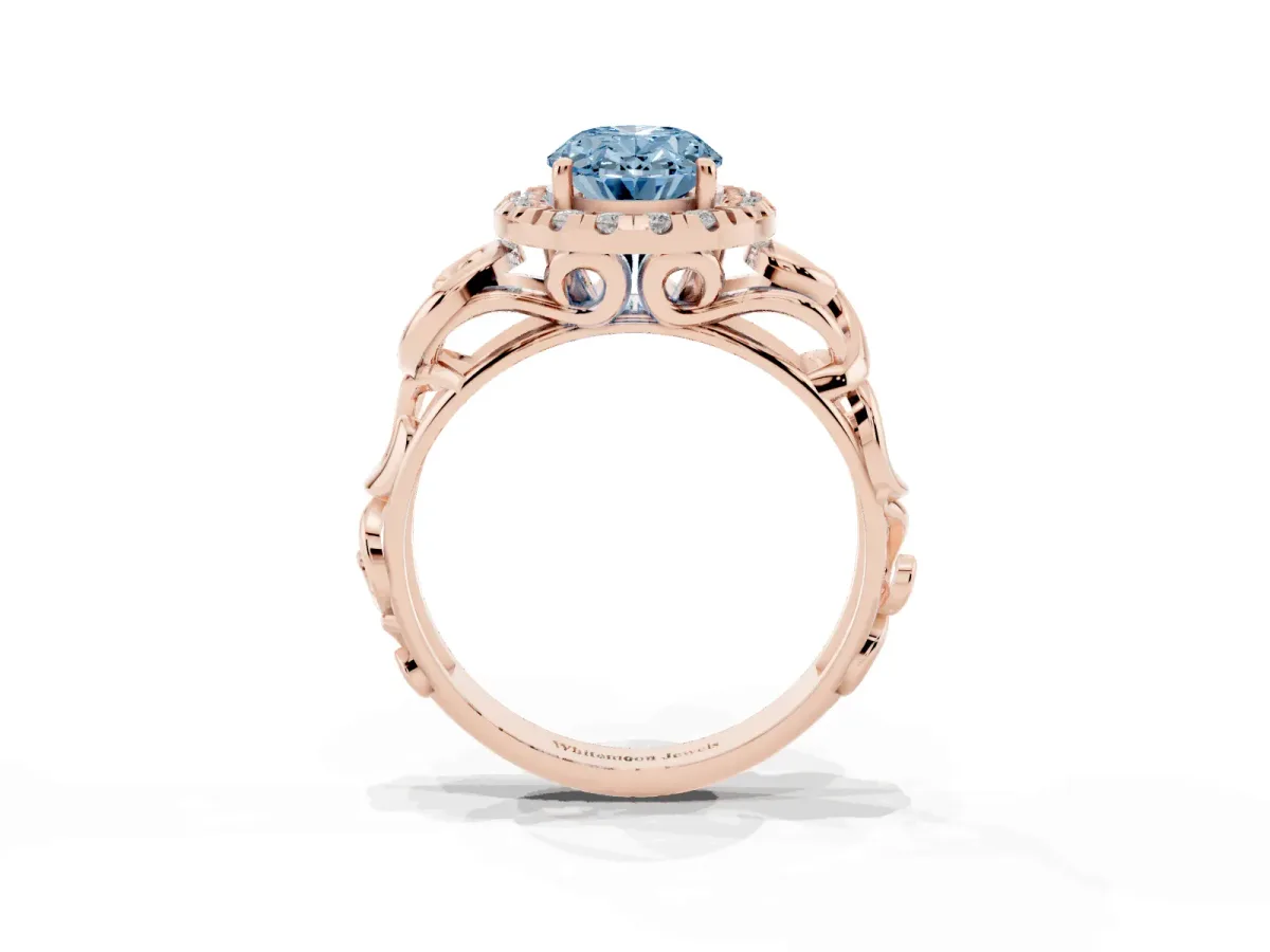 Fancy Blue Oval Cut Cut Halo Diamond Ring with Scrollwork Band and Four-Prong Setting Rose gold
