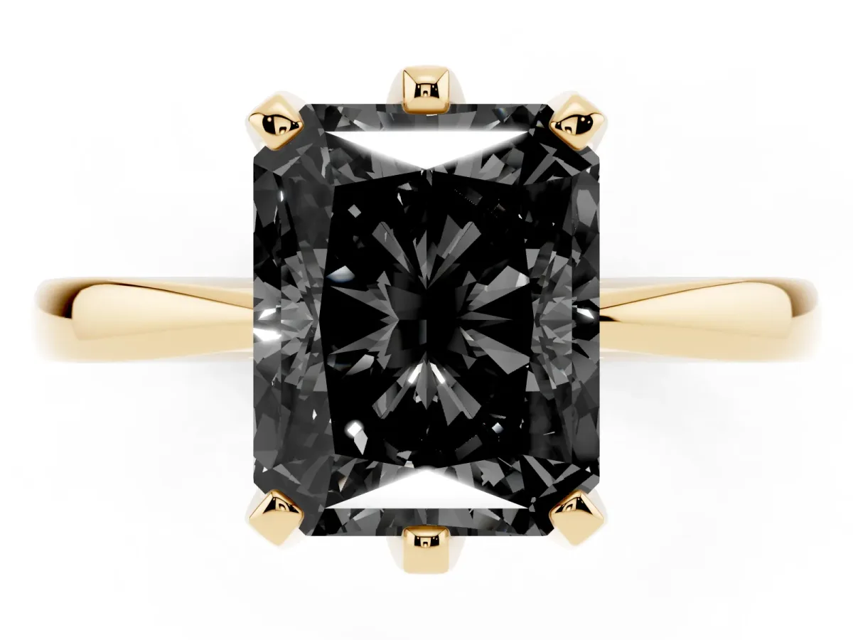 Fancy Black Radiant Cut Solitaire Engagement Ring with Six-Prong Setting and Tapered Band Yellow gold