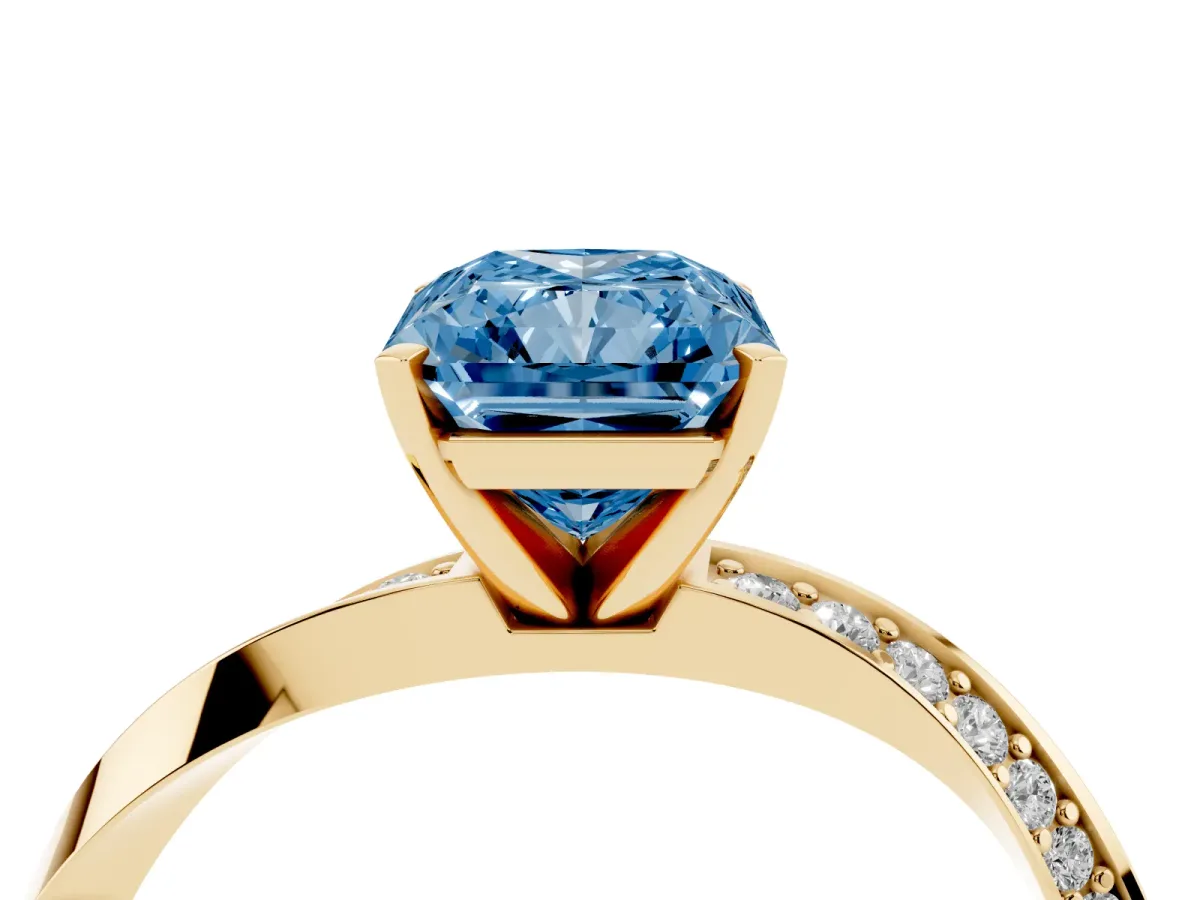 Fancy Blue Radiant Cut Diamond Engagement Ring with Side Stone Accents and Four-Prong Setting Yellow gold