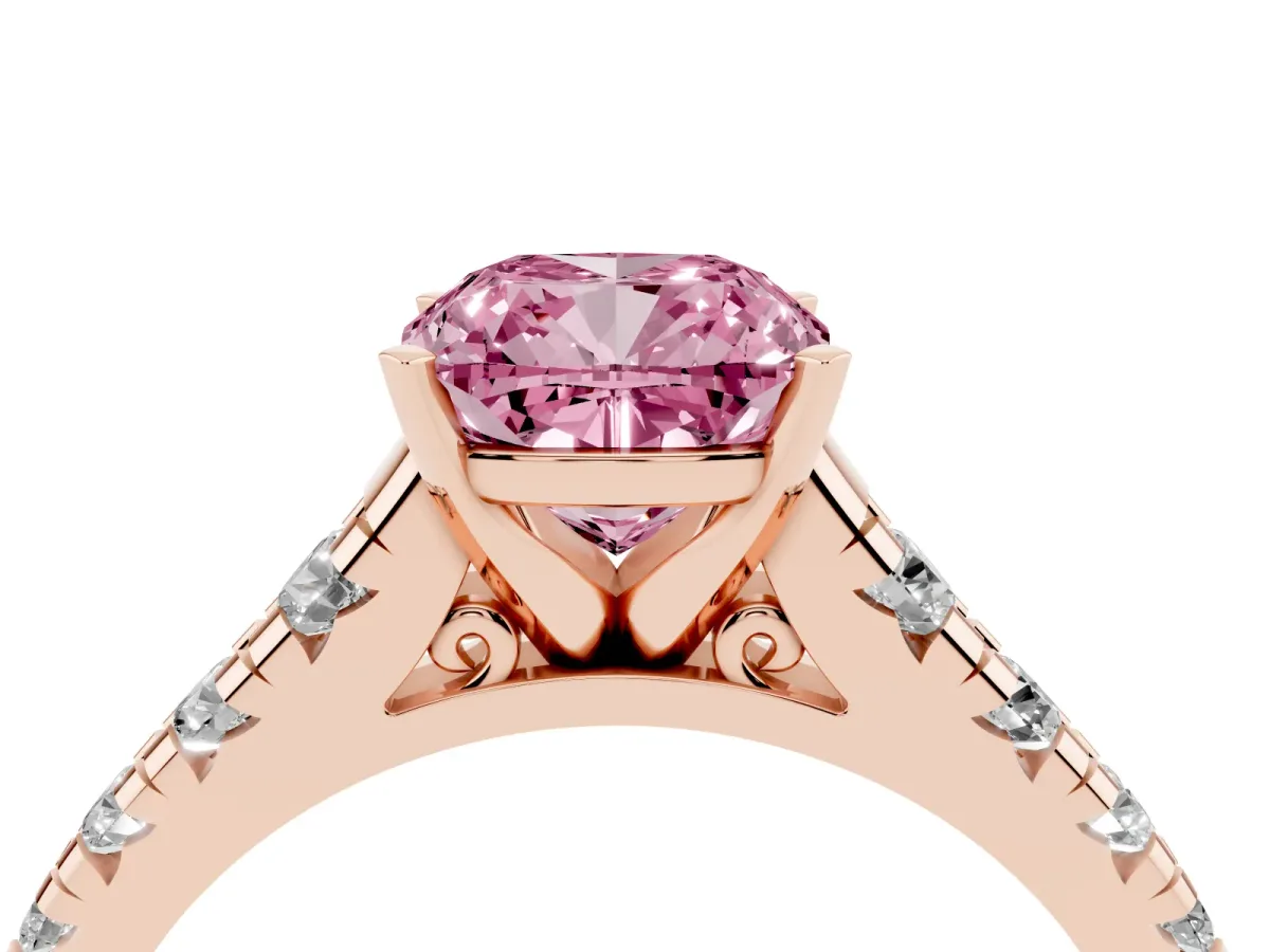 Fancy Pink Cushion Cut Diamond Cathedral Solitaire Ring with Round Pavé Band Rose gold