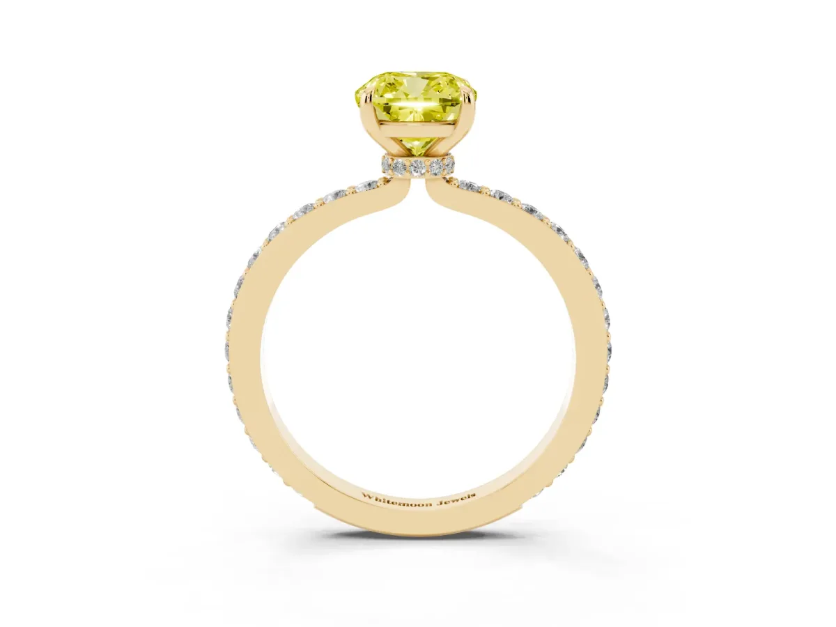Fancy Yellow Cushion Cut Diamond Pavé Engagement Ring with Round Accents and Prong Setting Yellow gold