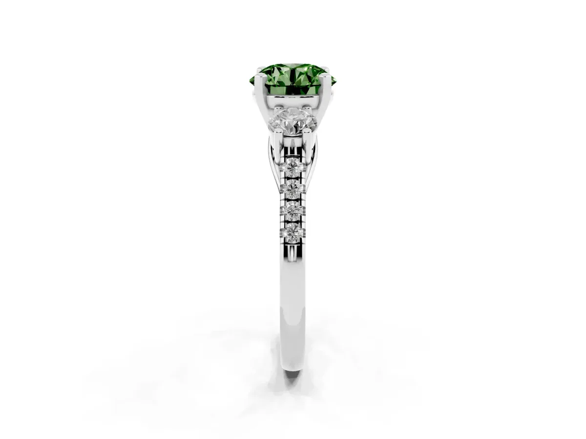 Fancy Green Three-Stone Round Cut Diamond Pavé Band with Four-Prong Setting Silver