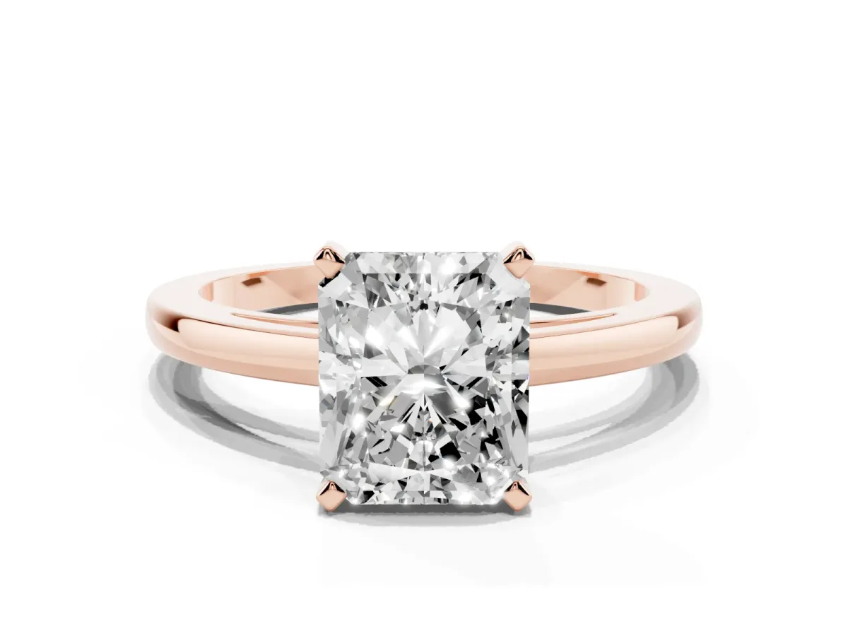 Radiant Cut Solitaire Diamond Engagement Ring with Four-Prong Setting on a Classic Band Rose gold
