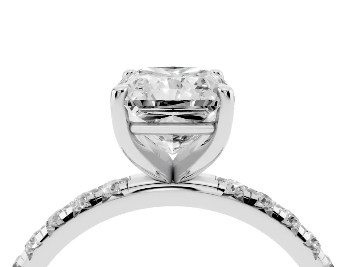 Radiant Cut Cut Diamond Solitaire Ring with Micro Pave Band and Four Prong Setting Silver