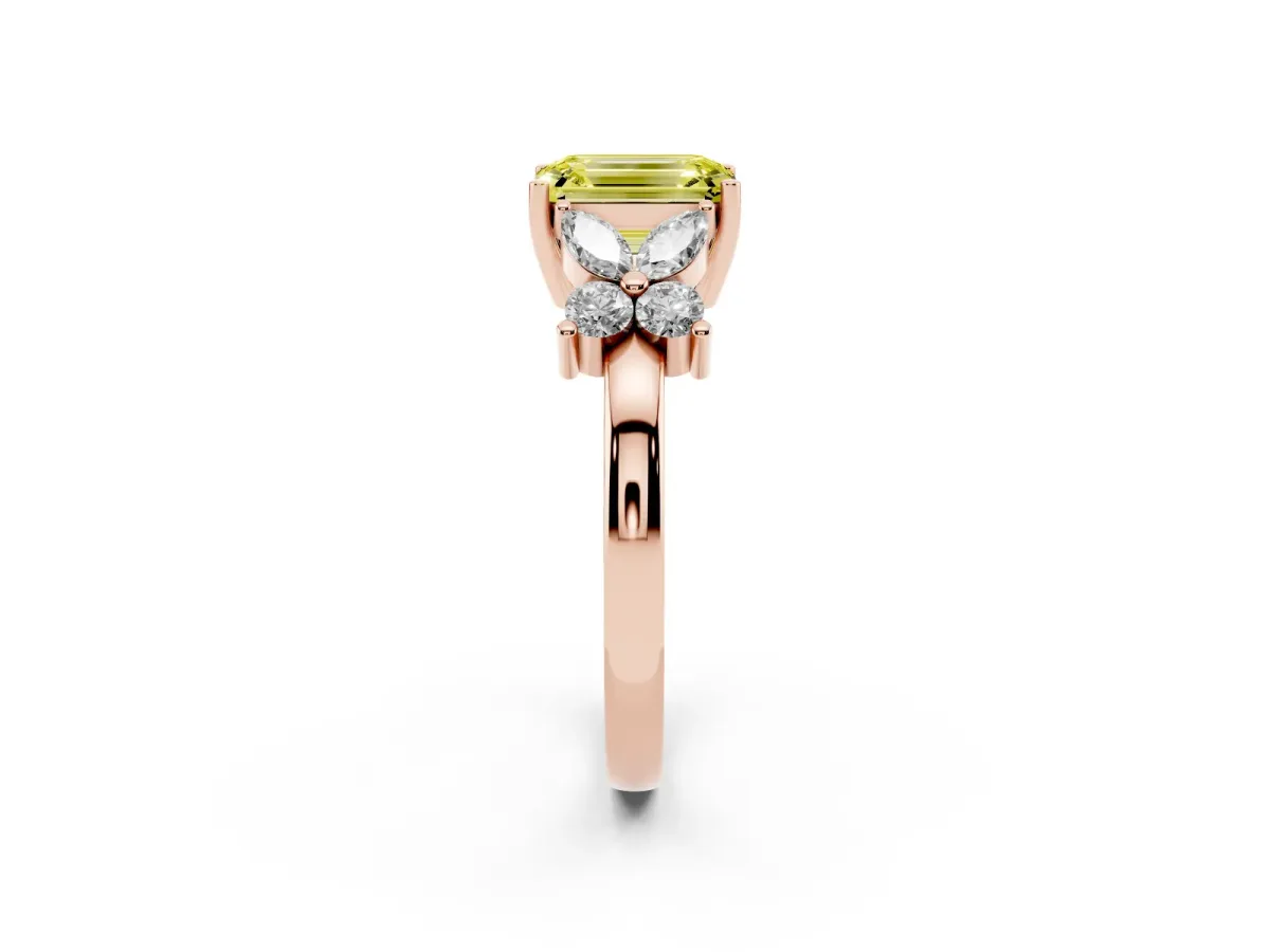 Fancy Yellow Emerald Cut Diamond Floral Cluster Ring with Solitaire Band and Prong Setting Rose gold