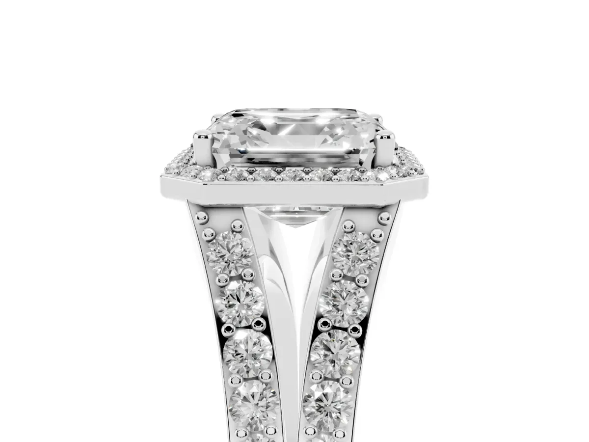 Asscher Cut Diamond Split Shank Halo Ring with Four-Prong Setting Silver