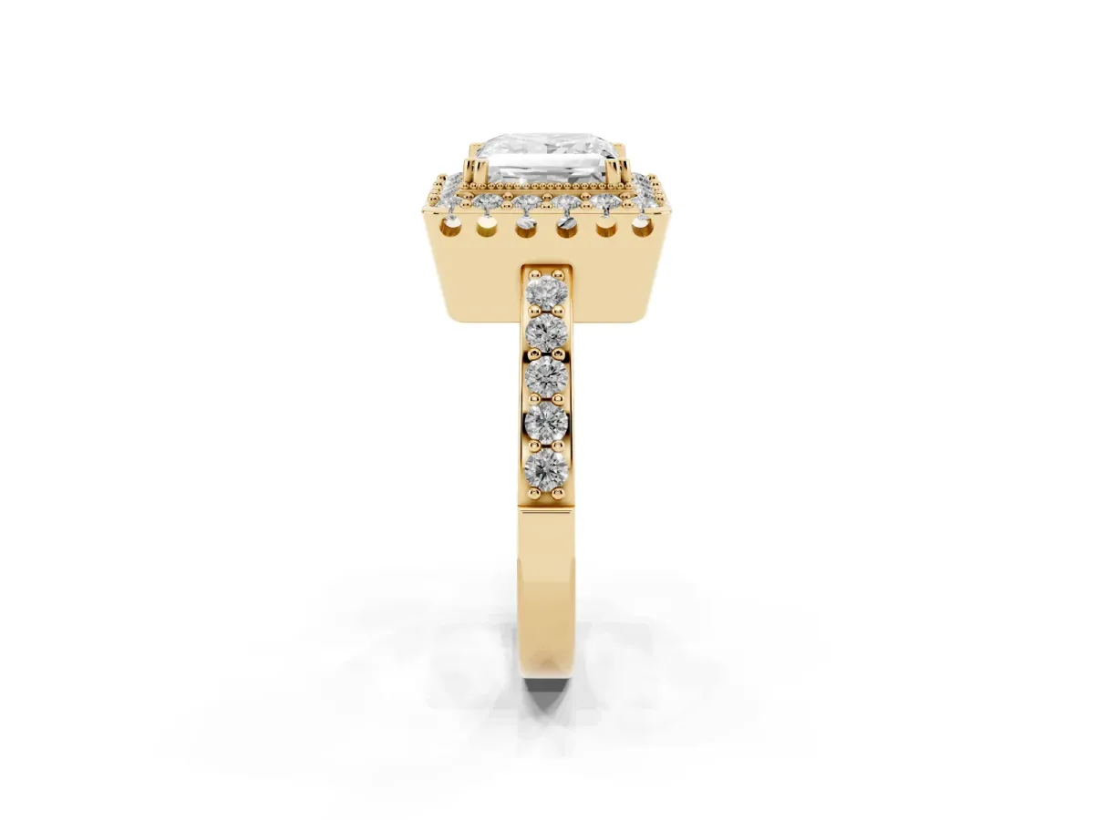Princess Cut Diamond Halo Ring with Pavé Band and Prong Setting Yellow gold