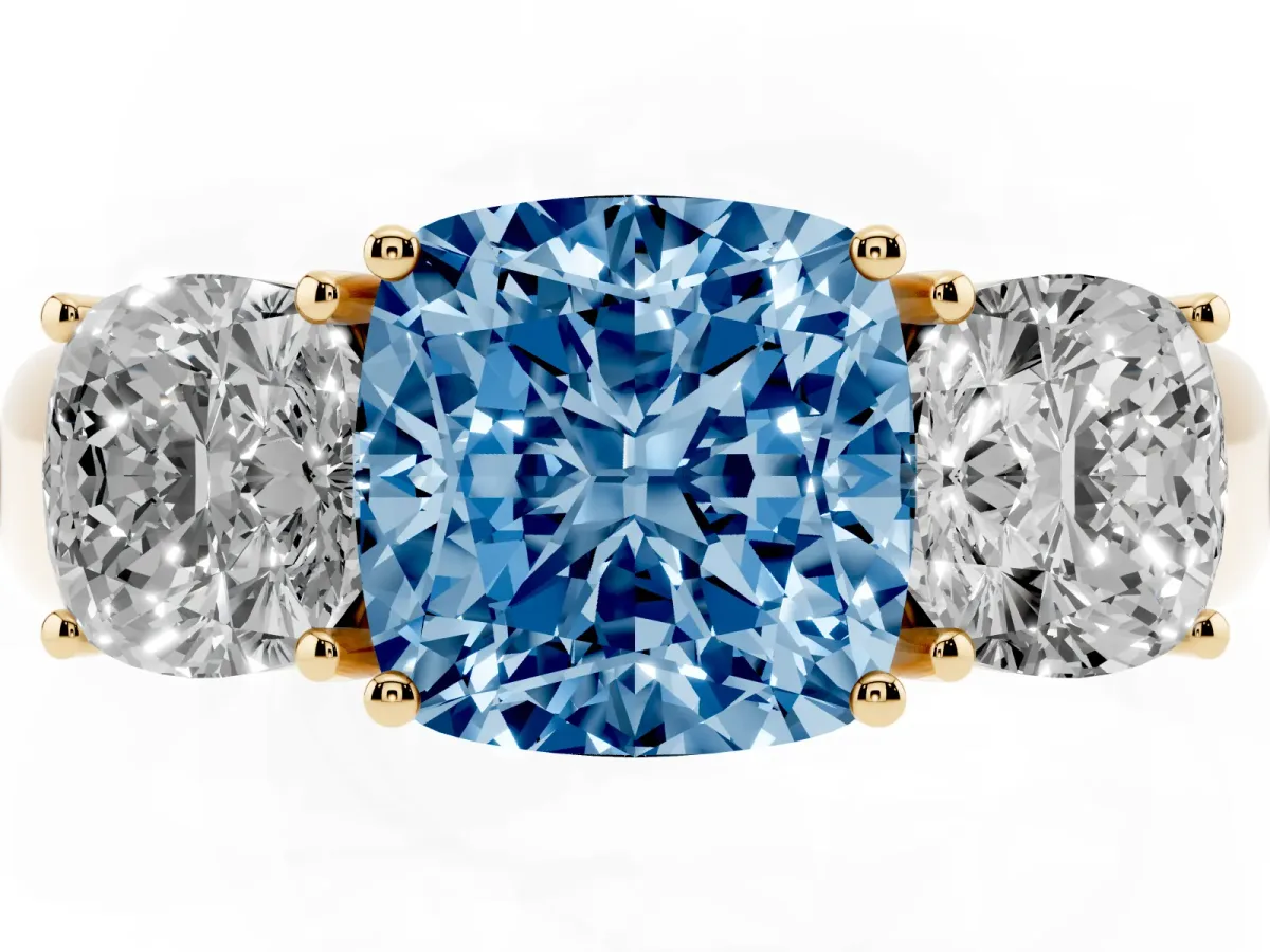 Fancy Blue Three-Stone Cushion Cut Cut Diamond Ring with Prong Setting and Classic Band Yellow gold